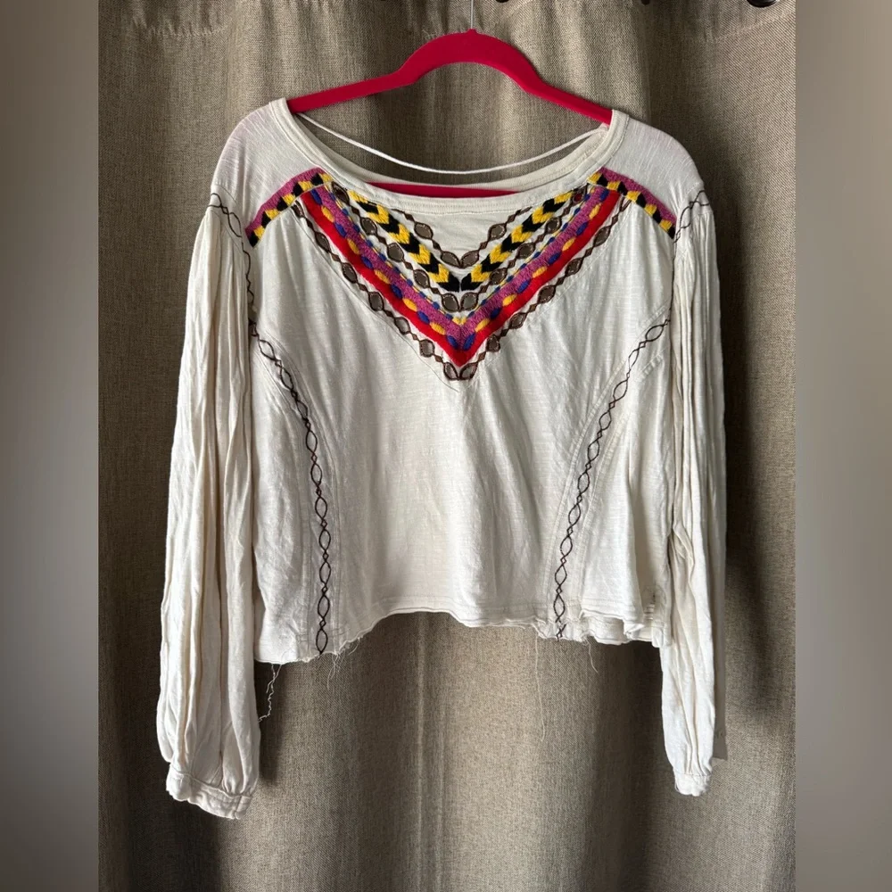 Free People Cream Long Sleeve Top with Multicolor Embroidery